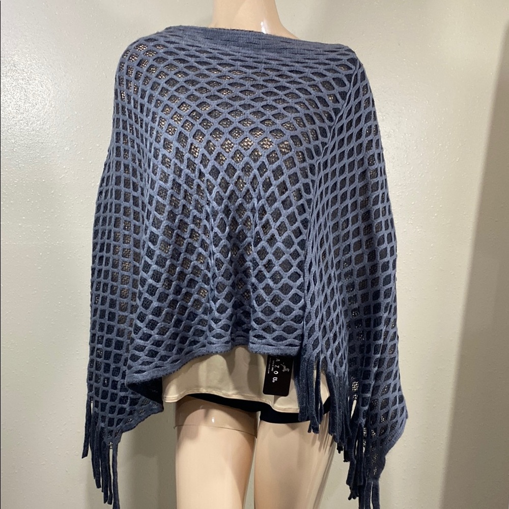 Blue Knit Poncho with Fringe